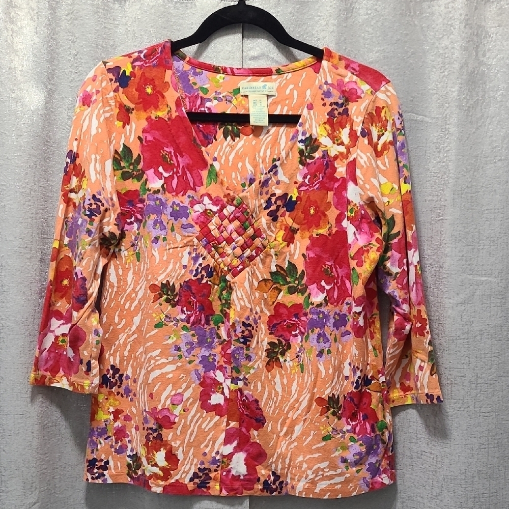 Caribbean Joe Orange Floral Blouse with 3/4 Sleeves V Neck Sz Large